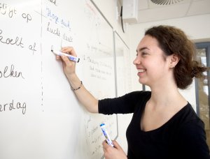 Een docent schrijft op het bord voor de klassikale uitleg bij SSL, De Leidse Examentraining